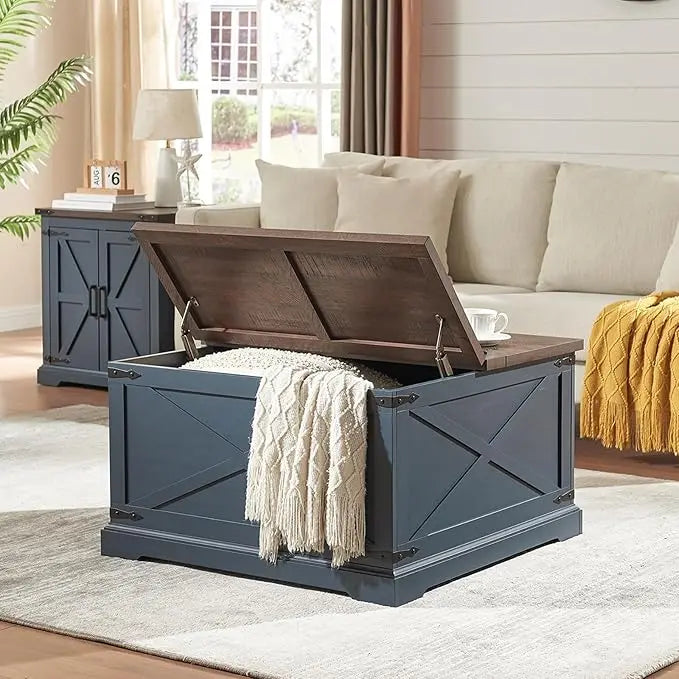 Farmhouse Square Coffee Table with Storage, Wood Center Table with Hinged Lift Top, Rustic Cocktail Table with Large Hidden Storage Compartment for Living Room, Bedroom,Blue - LeafyLoom