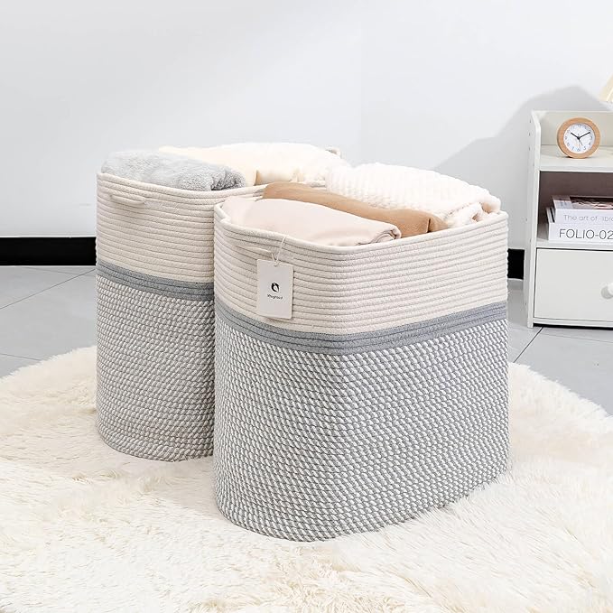 Rectangle Woven Baskets for Storage, Cotton Basket Large Blanket Basket, Laundry Nursery Rope Basket Living Room, Toy Storage Tall Laundry For Organizing, Large Baskets Clothes Collapsible - LeafyLoom