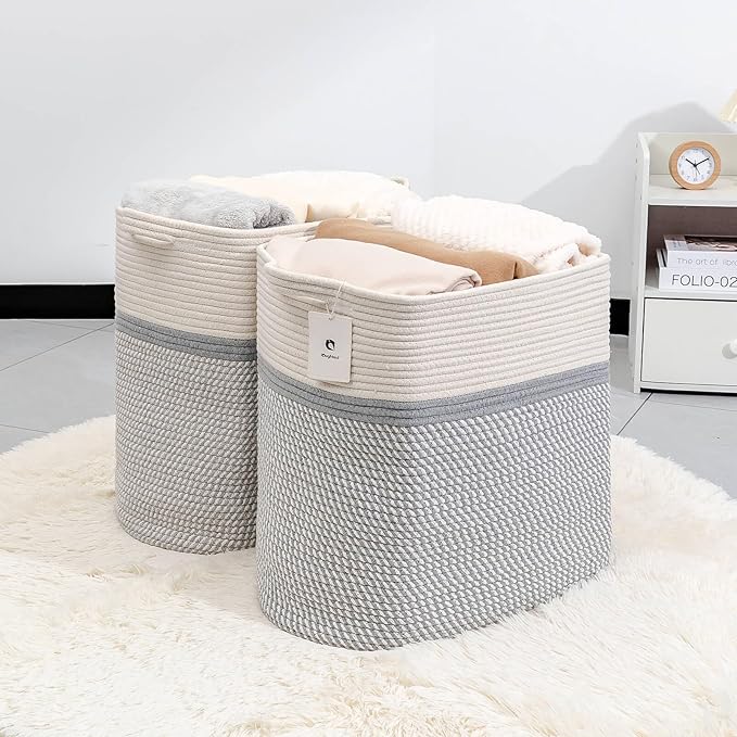 Square laundry basket Clothes Hampers for Laundry Kids Woven BasketsStorage Blanket Large Dog Toy Baskets for Organizing Slim Rectangular with Shoe Handles For Rectangle Baske Nursery - LeafyLoom