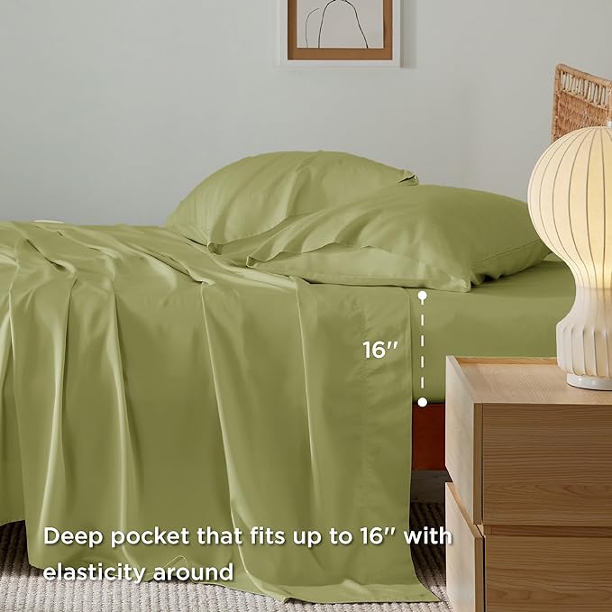 Bedsure Full Size Sheets, Cooling Sheets Full, Rayon Derived from Bamboo, Deep Pocket Up to 16", Breathable & Soft Bed Sheets, Hotel Luxury Silky Bedding Sheets & Pillowcases, Green - LeafyLoom