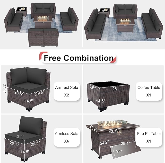 Patio Furniture Sectional Sofa Set 10-Pieces PE Rattan Patio Conversation Set w/43in Gas Fire Pit Table, Outdoor Furniture with 55000 BTU Propane Fire Pit, Grey - LeafyLoom