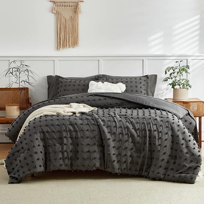 7 Pieces Tufted Dots Bed in a Bag King Comforter Set with Sheets Grey , Soft and Embroidery Shabby Chic Boho Comforters, Solid Color with Pom Pom Design, Jacquard Tufts Bedding Set for All Season - LeafyLoom