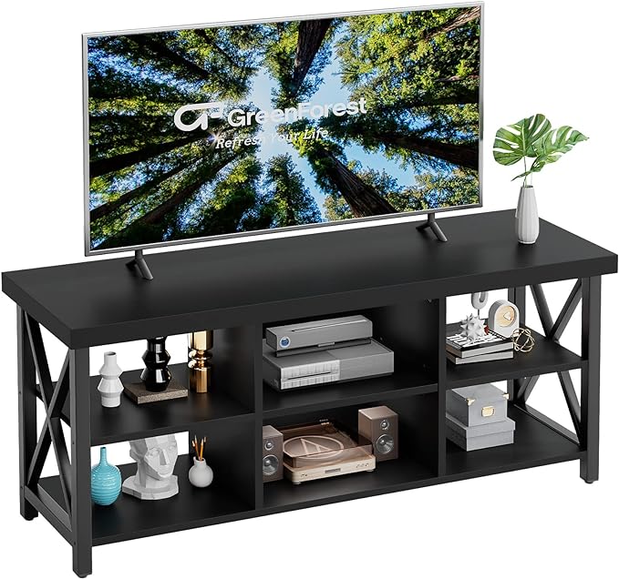 GreenForest TV Stand for TV up to 65 inches, Entertainment Center with 6 Storage Cabinet for Living Room, 55 inch Farmhouse Television Stands Console Table, Industrial TV stands for Living Room, Black - LeafyLoom