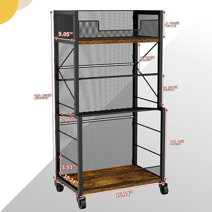 4-Tier Rolling Storage Cart Organizer with 2 Mesh Sliding Trays, Can,Drink,Snack Organizer Shelves, Retro Utility Cart on Lockable Wheels for Kitchen,Bathroom,Study,Pantry - LeafyLoom