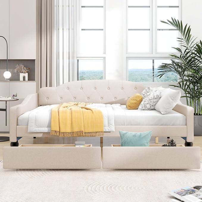 Full Size Upholstered Tufted Daybed with Two Storage Drawers,Linen Sofa Bed,Easy Assemble & No Box Spring Needed,Perfect for Small Space,Bedroom,Livingroom,Guest Room, Beige - LeafyLoom