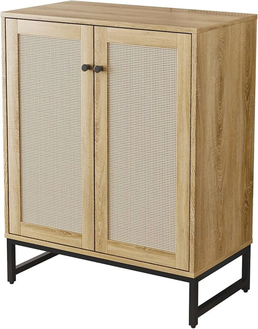 Sideboard Buffet Cabinet, Storage Cabinet with Double Rattan Doors, Modern Rattan Sideboard Cabinet, Kitchen Storage Cabinet with Metal Feet, for Entryway, Bedroom, Living Room (Natural Wood) - LeafyLoom