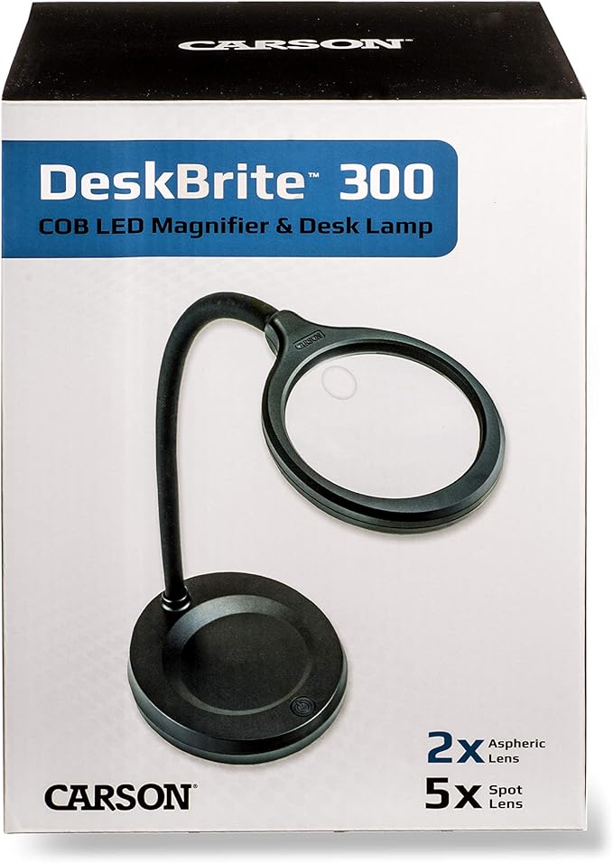 Carson DeskBrite300 COB LED Lighted 2x Aspheric Magnifier & Desk Lamp with 5x Spot Lens with Included USB-C Power Adapter, Black (LM-30) - LeafyLoom