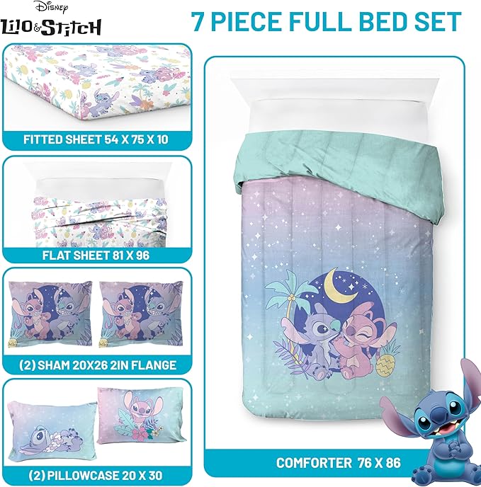 Disney Lilo and Stitch Full Size Comforter Set - 7 Piece Floral Bedding includes Sheet Set & Pillow Covers Features Angel - Super Soft Purple & Teal Stars Kids Bedding - LeafyLoom