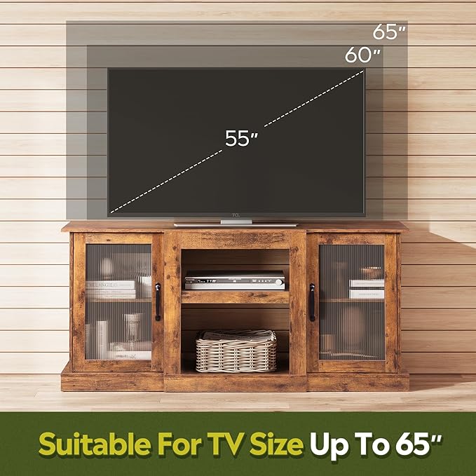 WLIVE TV Stand for 65 Inch TV, Retro Entertainment Center with Glass Cabinet Doors, 58" TV Stands for Living Room and Bedroom, Vintage Television Console, Rustic Brown - LeafyLoom