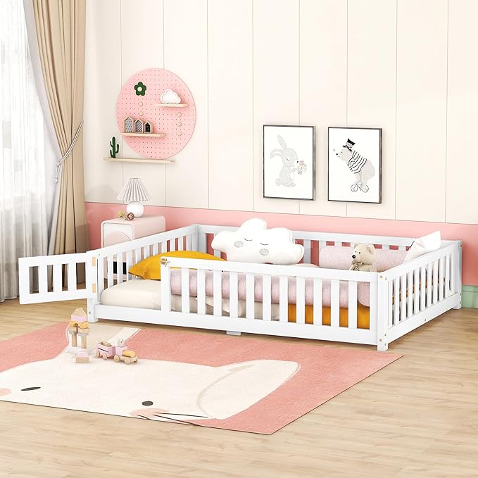 Multifunctional Full Size Floor Bed with Safety Guardrails and Door, Removable Wood Slats, Montessori Beds Frame for Toddlers, for Boys and Girls, White - LeafyLoom