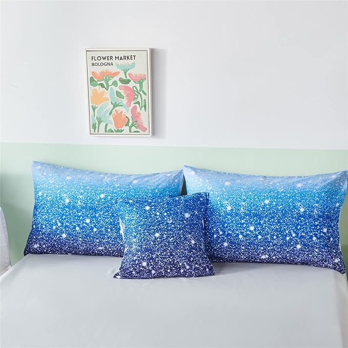 RYNGHIPY 6Pcs Gradient Aqua Blue Navy Ombre Comforter Sets with Sheets Pillowcases, Queen Size Sparkle Glitter Design Comforter Bedding Collections for Kids Boys and Girls - LeafyLoom