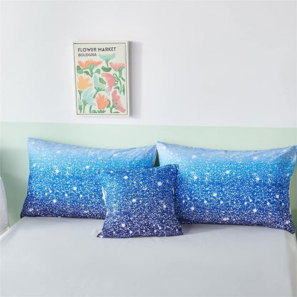 RYNGHIPY 6Pcs Gradient Aqua Blue Navy Ombre Comforter Sets with Sheets Pillowcases, Queen Size Sparkle Glitter Design Comforter Bedding Collections for Kids Boys and Girls - LeafyLoom