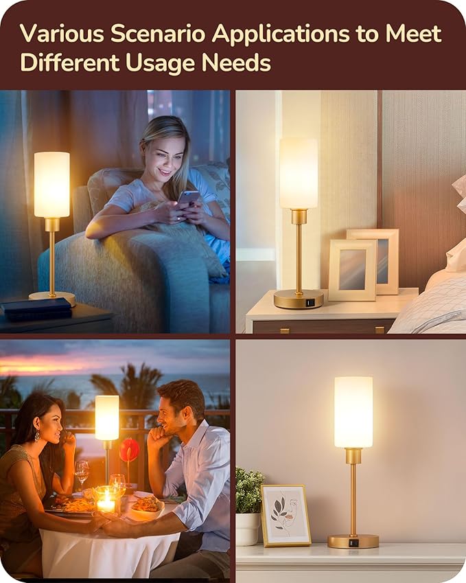 EDISHINE 19" Glass Table Lamp with Touch Control, Modern Bedside Lamp, 3-Stage Dimmable & USB-A+Type-C Charging Ports, Nightstand Lamp for Living Room, Bedroom (Gold) - LeafyLoom