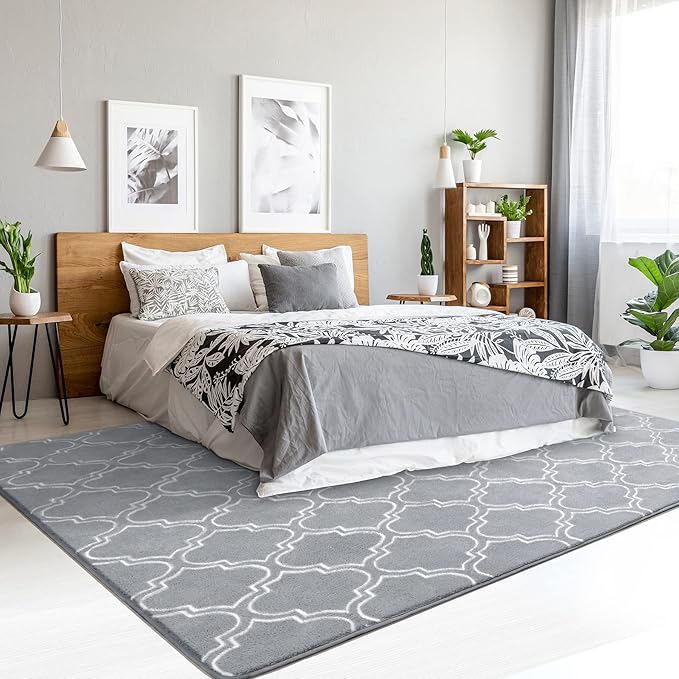 Chicrug Shag Geometric Modern Area Rug for Living Room, 7x10 Feet Large Memory Foam Indoor Carpet, Fluffy Rug for Bedroom Bedside Room Decor for Family Girls Kids Nursery, Grey/White - LeafyLoom