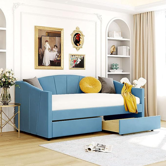 Twin Size Upholstered Daybed with 2 Storage Drawers, Elegant Sofa Bed Day Bed Frame with Wood Slat Support for Bedroom, Living Room Guestroom, No Box Spring Needed, Blue - LeafyLoom