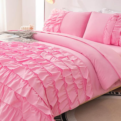 Teen Girls Pink Princess Dress Comforter Set Queen Size, 5 Pcs Bed in a Bag Girls Queen, Girls Pink Ruffled Bedding Set, Teen Bedding Sets for Girls Kids with Sheets - LeafyLoom