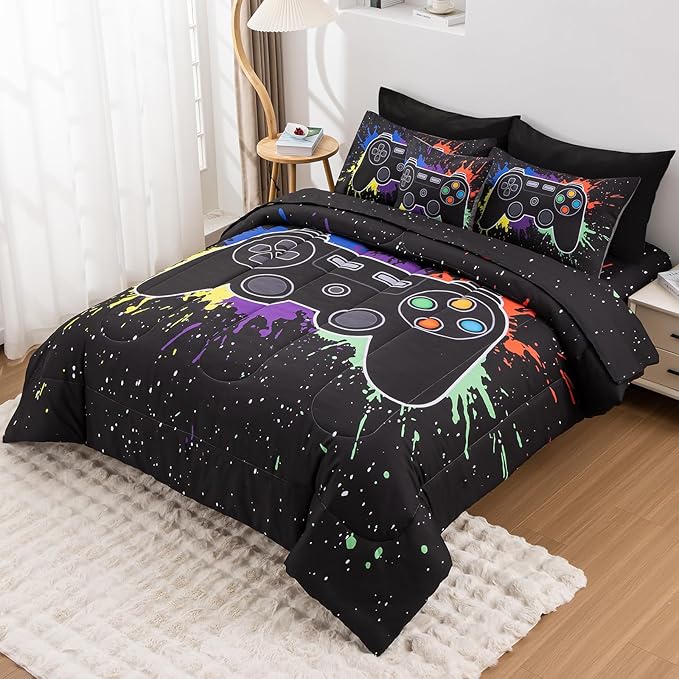 8Pcs Gamer Comforter Set with Sheets for Boys Girls Kids Teens, Colorful Graffiti Gaming Themed Bed in A Bag Queen Size, Black 3D Video Game Controller Bedroom Decor Bedding Set-Black - LeafyLoom