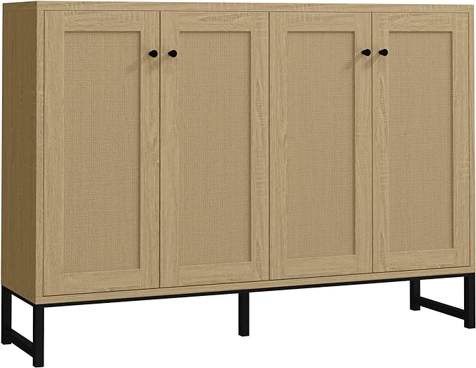 Panana Sideboard Accent Storage Cabinet with Rattan Decorated 4 Doors Dining Room Freestanding Kitchen Buffet Table Cupboard (Natural) - LeafyLoom