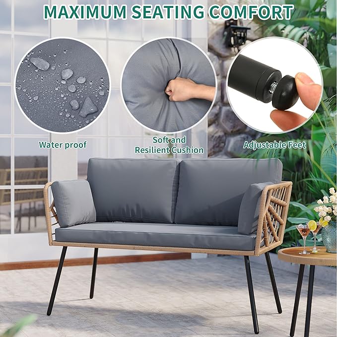 YITAHOME Wicker Outdoor Loveseat, All-Weather Patio Sofa for Balcony, Backyard, Pool, Porch, Deck, Outdoor Sectional Furniture Set with Table & Cushions - Grey - LeafyLoom