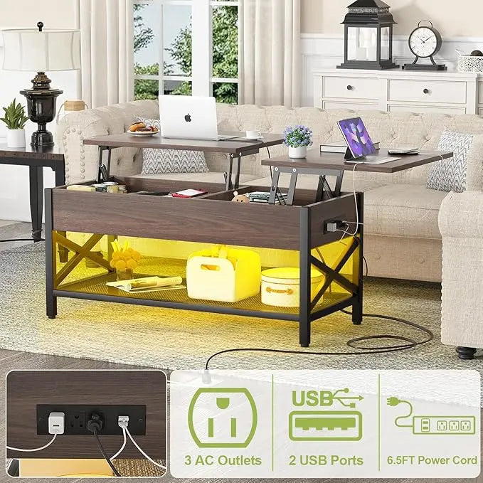 Aheaplus Coffee Table, Lift Top Coffee Table with LED light and Power Outlet, Modern Lift-Top Table with Storage Shelf, Center Table for Living Room with Lift Tabletop, X Support Metal Frame, Espresso - LeafyLoom