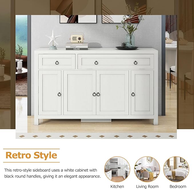 59.1" Retro Style Large Storage Space Sideboard with Flip Door and 1 Drawer,Multifunctional Buffet, w/ 4 Height-Adjustable Cabinets,for Dining, Living Room,Antique White - LeafyLoom