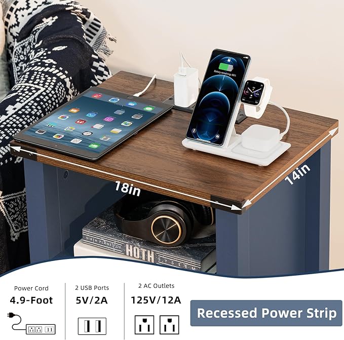 Night Stand Set of 2, 18 Inch Farmhouse Nightstand with with Charging Station and USB Port, Rustic Couch End Table with Magnetic Door, Wood Bed Side Tables for Bedroom, Home, Navy Blue - LeafyLoom