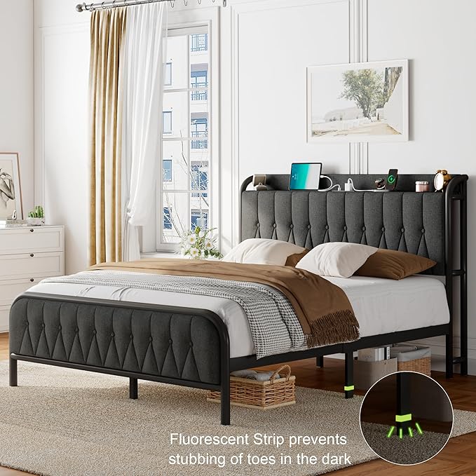 Feonase Queen Bed Frame with Type-C & USB Port, Metal Platform Beds, with Linen Upholstered Headboard & Footboard, 12" Underbed Storage Space, Easy Assembly, Noise-Free, Dark Gray - LeafyLoom