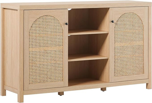 Walker Edison Boho Arched Rattan 2-Door Sideboard, 58 Inch, Coastal Oak - LeafyLoom