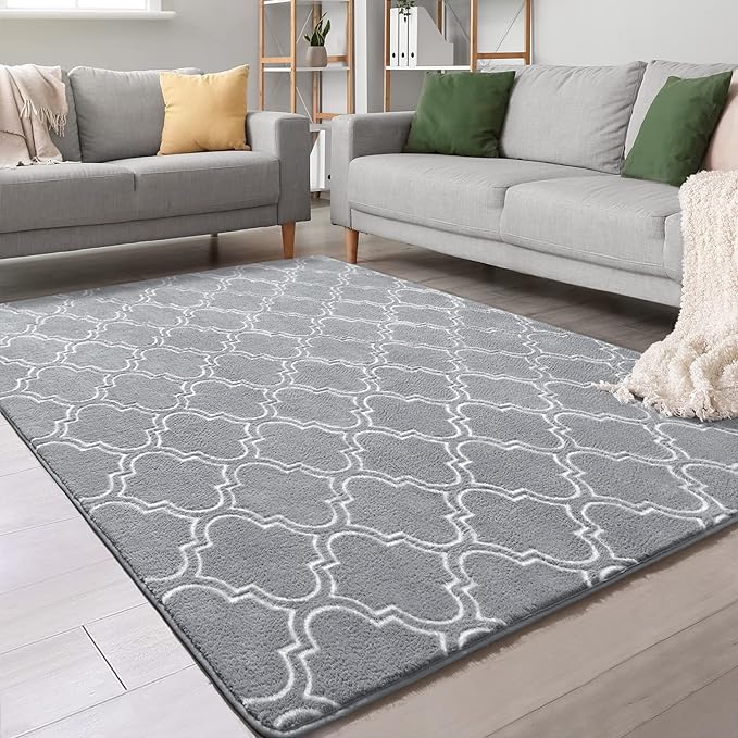 Chicrug Shag Geometric Modern Area Rug for Bedroom, 3x5 Feet Memory Foam Indoor Carpet, Fluffy Rug for Living room Bedside Room Decor for Family Girls Kids Nursery Play Mat, Grey/White - LeafyLoom