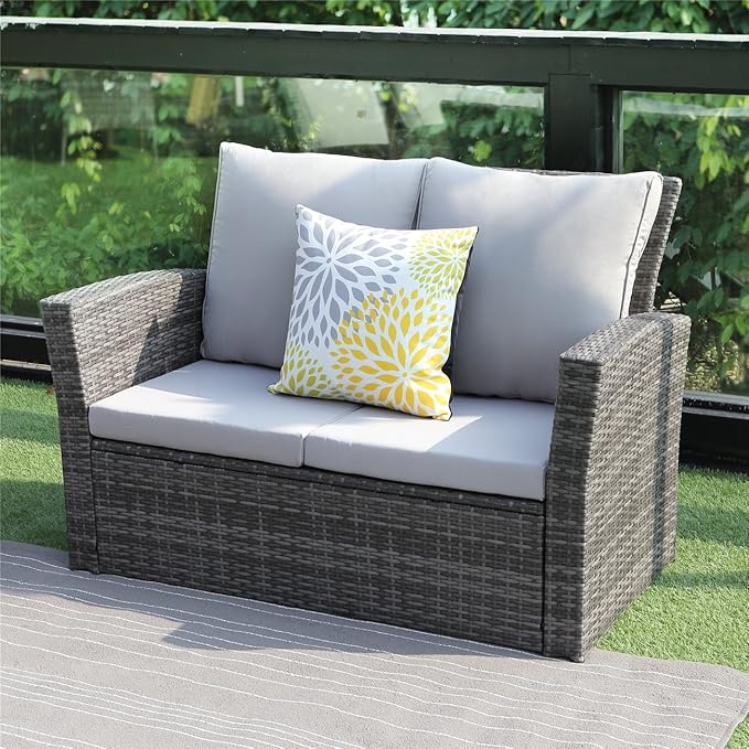 4 Piece Patio Furniture Sets, All-Weather Wicker Conversation Sets, Outdoor Rattan Sectional Sofa Chair with Cushions and Coffee Table for balcony, garden, backyard, Grey - LeafyLoom