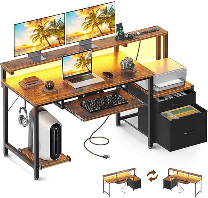 AODK 55 Inch Computer Desk with Power Outlets and LED Light, Reversible Office Desk with File Cabinet & Drawer, Gaming Desk with Keyboard Tray and Full Monitor Riser and PC Stand, Study Table, Vintage - LeafyLoom