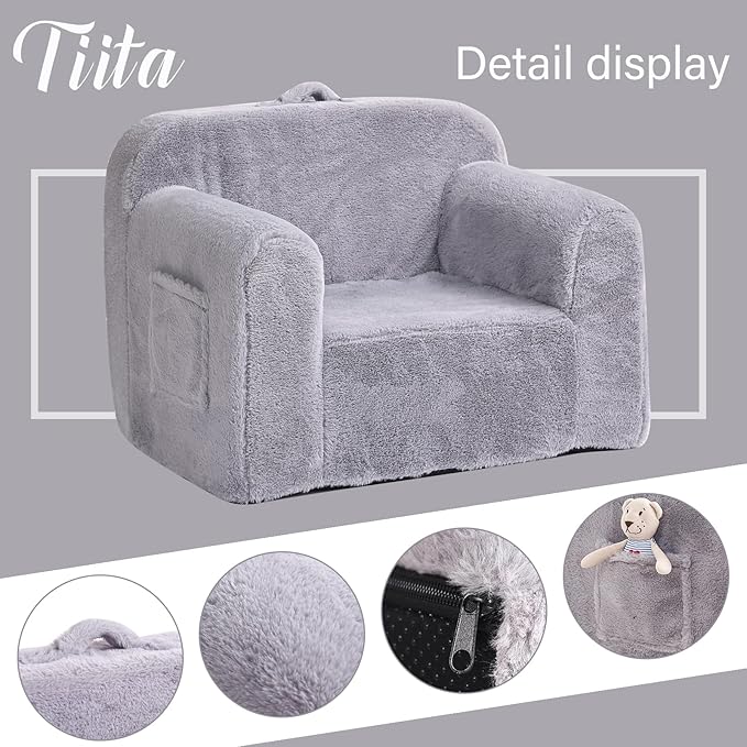 Tiita Kids Sofa, Children Couch with Carrying Handle & Side Pockets, Kids Foam Chair, Toddler Armrest Chair, Lightweight Children Sofa Chair, Kids Read Sofa for Girl or Boy (Grey) - LeafyLoom