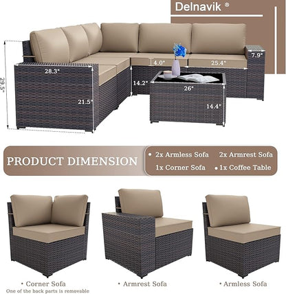 Patio Furniture Set Sofa 6-Piece Wicker Sectional Sofa Set, Outdoor Furniture Rattan Patio Sofa Conversation Set with Thickened Cushions and Glass Coffee Table, Sand - LeafyLoom