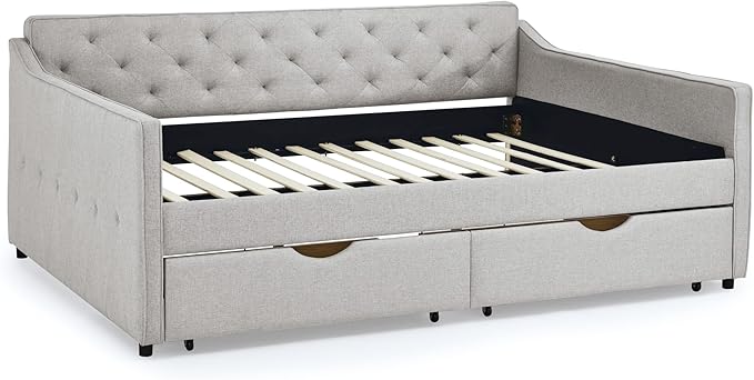 RITSU Queen Size Upholstered Tufted Daybed with Two Pull Out Drawers Sofa Bed, Button Polyester on Back, Waved Shape Arms for Bedroom, Living Room,No Need Boxing Spring, Beige, 85.50 - LeafyLoom