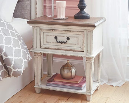 Signature Design by Ashley Realyn Traditional Cottage 1 Drawer Nightstand with Dovetail Construction & Open Display Shelf, Chipped White, Distressed Brown - LeafyLoom