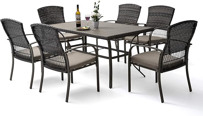 Pamapic 8504 Patio Dining 7 Piece, Outdoor Wicker Furniture Set for Backyard Garden Deck Poolside/Iron Slats Table Top, Removable Cushions, 7 Pack, Beige - LeafyLoom