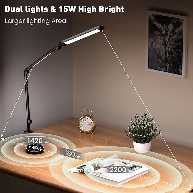 LED Desk Lamp with Clamp, Desk Light, Adjustable Brightness & Color Temperature, Modern Architect Clip on Lamp with Memory & Timer Function, Clamp Light for Study, Work, Home, Office, 15W - LeafyLoom