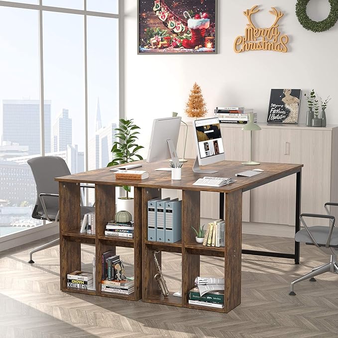 Homfio 47.2'' Computer Desk with Storage Shelves, Modern Home Office Desk Computer Table with Cabinets, Student Studying Writing Desk Wood Desk Workstation for Home Office, Rustic Brown - LeafyLoom