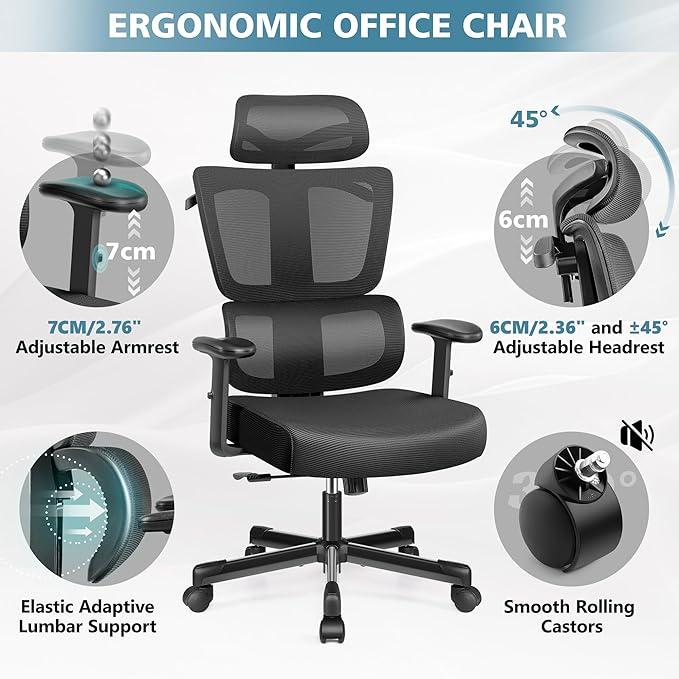 Primy Office Chair Ergonomic Desk Chair, High Back Computer Gaming Chair, Comfy Big and Tall Home Office Chair with Lumbar Support, Breathable Mesh Reclining Chair Adjustable Armrests Headrest(Black) - LeafyLoom