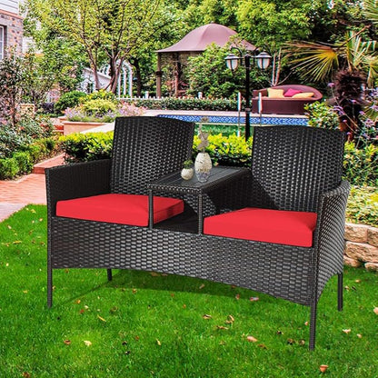 LUARANE Outdoor Rattan Sofas, Contract Patio Conversation Set Wicker Sofa Set with Built-in Coffee Table, Patio Furniture Set with Cushions, Rattan Loveseat for Lawn Backyard Garden (Brown+Red) - LeafyLoom