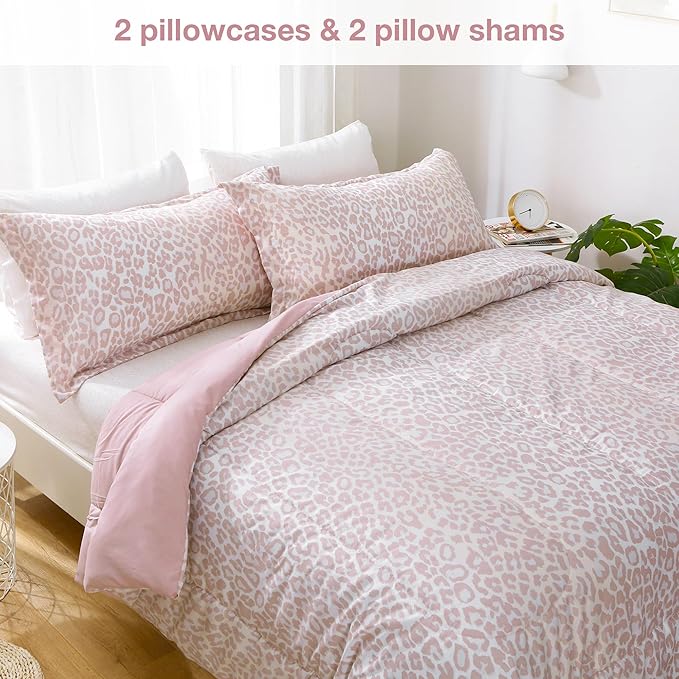 Printed King Bedding Sets with Comforter and Sheets, 7 Piece Bed in A Bag Comforter Set with Fluffy Microfiber, Stylish Pink Leopard Pattern - LeafyLoom