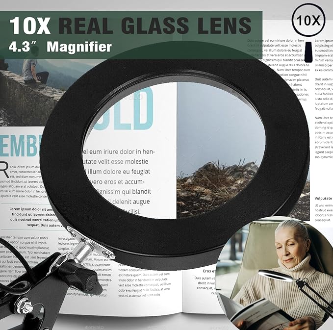 Magnifying Glass with Light and Stand, 10X Magnifying Lamp, 2-in-1 Magnifying Desk Lamp with Clamp, 3 Color Mode, Magnifying Glasses with Light for Close Work (1st Generation Base ＆ Clamp) - LeafyLoom