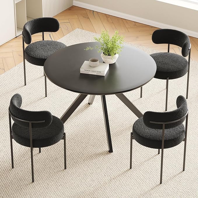 Farini Black Dining Table for 4-6 Person,47" Round Wooden Dining Tabletop and Metal Frame for Home Kitchen Dining Desk (47 inch,120cm) - LeafyLoom