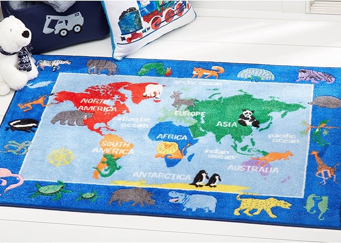 Eric Carle Elementary World Map Kids Machine Washable Area Rug Blue/Red, 35"x51" - LeafyLoom