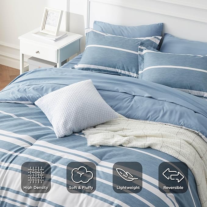 Bedsure Full Size Bed Sets 7 Pieces - Blue Striped Beddubg All Season Comforter Set, Bed in a Bag with 1 Comforter, 2 Sheets, 2 Pillowcases & 2 Shams - LeafyLoom