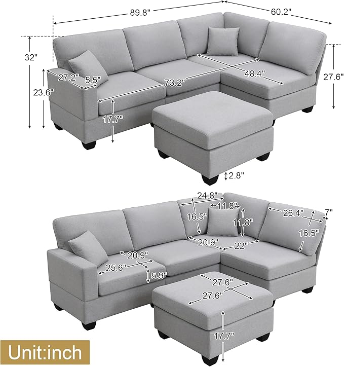 89.8" Modern Sectional Sofa with Convertible Ottoman and 2 Pillows,L-Shape Linen Fabric Corner Couch 5 Set W/Back & Cushion,can Hold up to 330 Lbs,for Apartment,Living Room,Light Grey - LeafyLoom