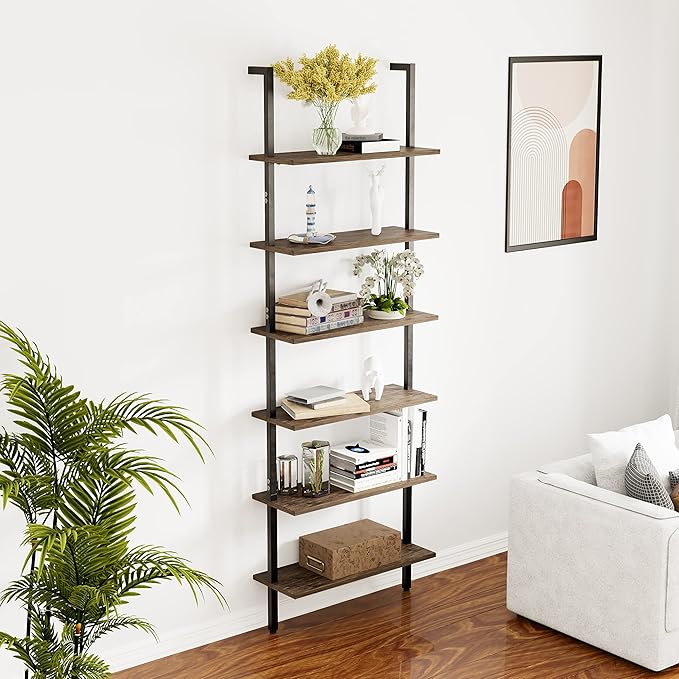 Ladder Shelf Black 6 Tiers Modern Bookshelf Room Organizer Open Tall Wall Mount Bookcase Standing Leaning Wall Shelves Industrial Decorative Living Room Bed Room - LeafyLoom