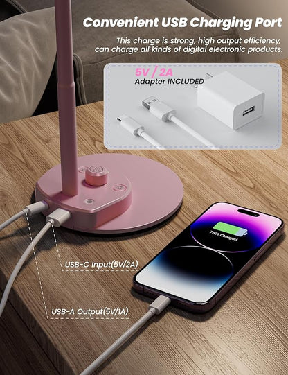 BOHON Cute Desk Lamp with USB Charging Port, Pink Lamp 3 Color Modes Dimmable Reading Lamp, Flexible Gooseneck Table Light Auto Dimming Task Lamp, LED Desk Light for Home Office Dorm Bedside, Pink - LeafyLoom