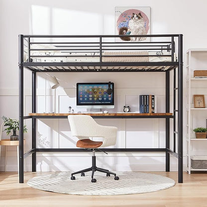 VECELO Metal Loft Bed Twin Size with Desk, Heavy Duty Bedframe with Removable Ladder and Safety Guardrail, Space-Saving, Noise Free, No Box Spring Needed, Black - LeafyLoom