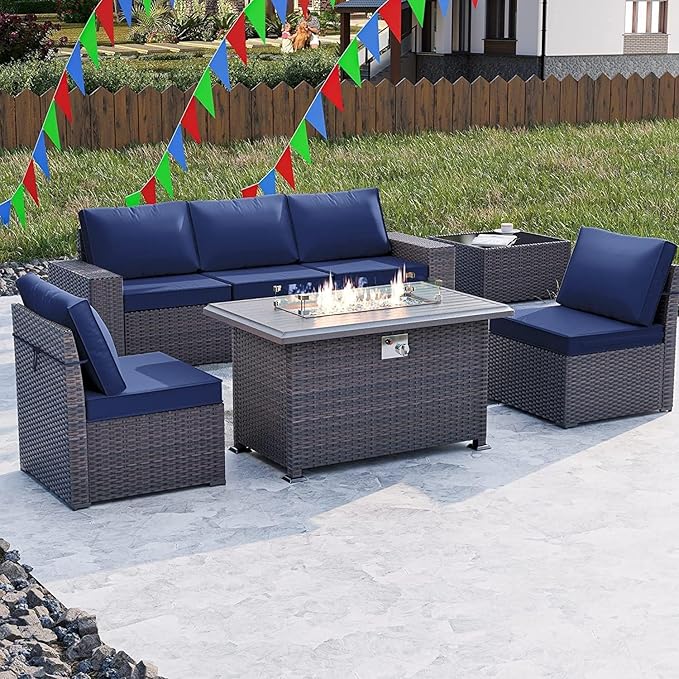 Kullavik 7 Pieces Outdoor Patio Furniture Set with 43" 55000BTU Gas Propane Fire Pit Table PE Wicker Rattan Sectional Sofa Patio Conversation Sets,Navy Blue - LeafyLoom